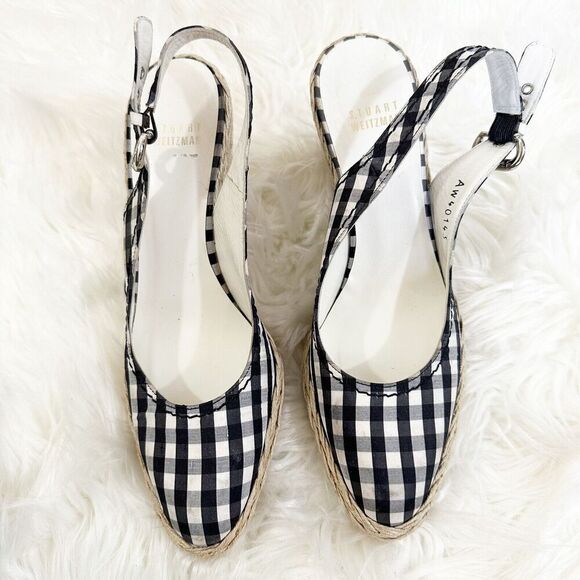 Stuart Weitzman Womens Espadrille Sandal Size 7 Closed Toe Wedge Checkered Beach - Picture 2 of 6